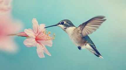 Fototapeta premium Hummingbird in flight near pink flower
