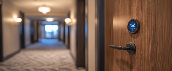 Hotel room door with smart thermostat and hallway view.