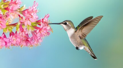 Naklejka premium Hummingbird feeding on pink flowers