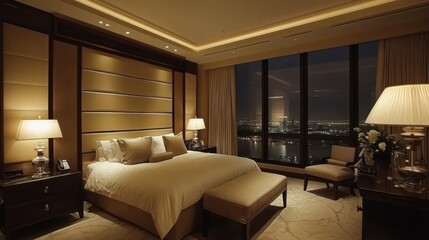 Elegant Master Bedroom with Sleek Furniture and Soft Light