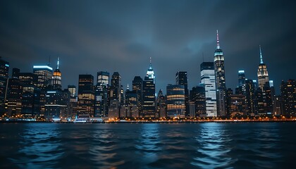 Obraz premium Nighttime Manhattan Skyline with Skyscrapers and Reflections on Water
