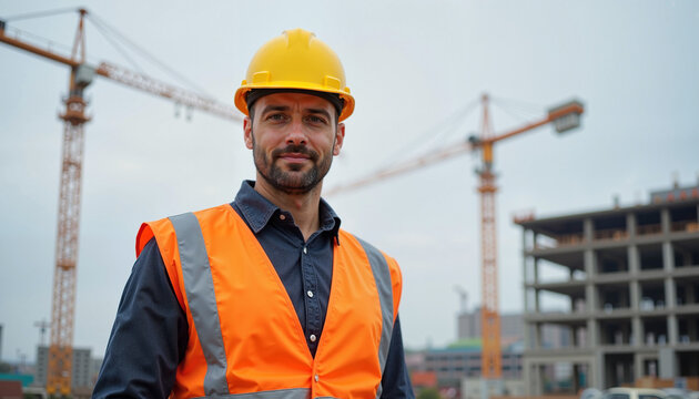 A smiling construction worker in an orange vest and hard hat stands proudly at a job site. Represents the resilience and determination of workers, making it perfect for Labor Day themes. - Powered by Adobe