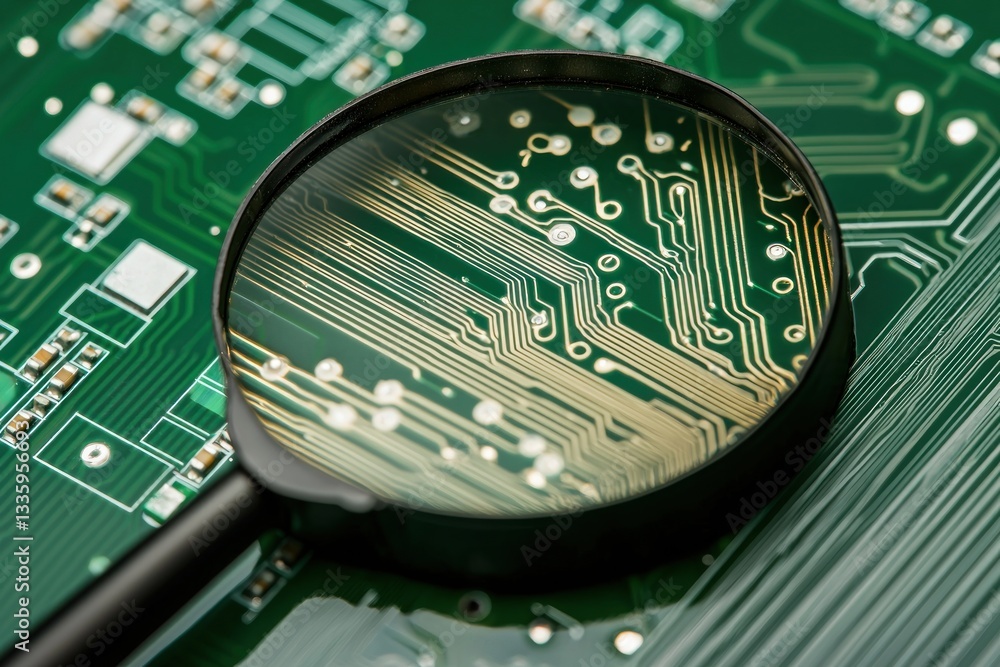 Poster magnifying glass examining complex circuit board emphasizing precision electronics modern technology