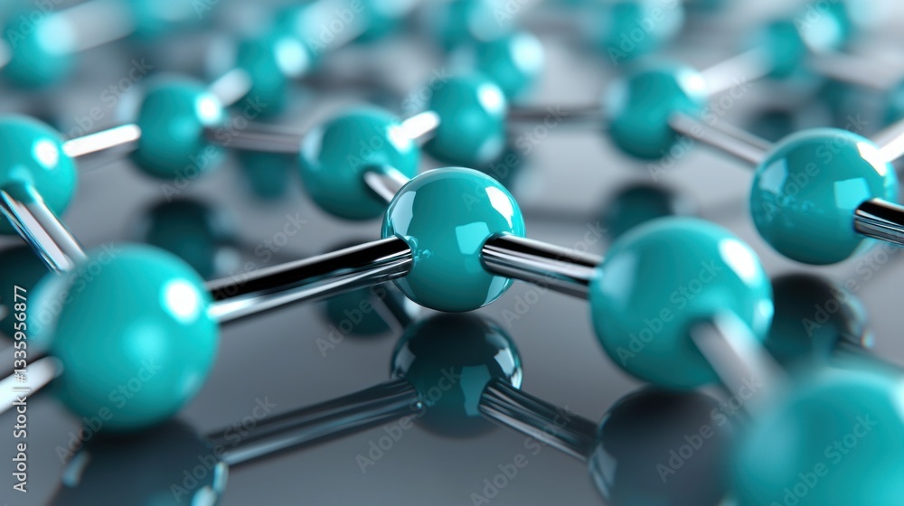 Poster turquoise spherical molecule structure rendering with shiny silver connections on a gray surface