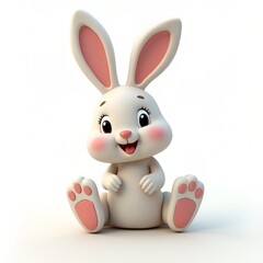 Obraz premium Cute cartoon rabbit, 3D render, white fluffy bunny, large ears, big eyes, smiling expression, soft lighting, pastel colors, adorable character design, plush toy aesthetic, innocent look, sitting pose,