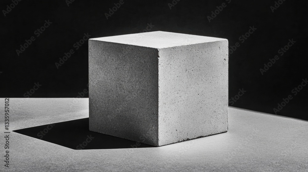 Poster a cube with a textured surface and a shadow cast on a plain background.