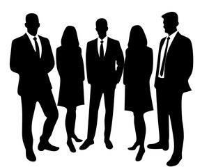Silhouette of a professional business team standing together. Minimalist black-and-white vector illustration representing teamwork, leadership, corporate success, and collaboration
