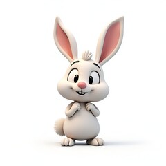 Obraz premium Cute cartoon rabbit, big floppy ears, large expressive eyes, pink nose, fluffy white fur, chubby body, tiny paws, 3D rendering, soft lighting, clean background, charming character design, adorable mas