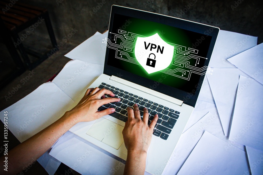 Poster a person using a laptop with a vpn security shield icon on the screen. concept of internet privacy, 
