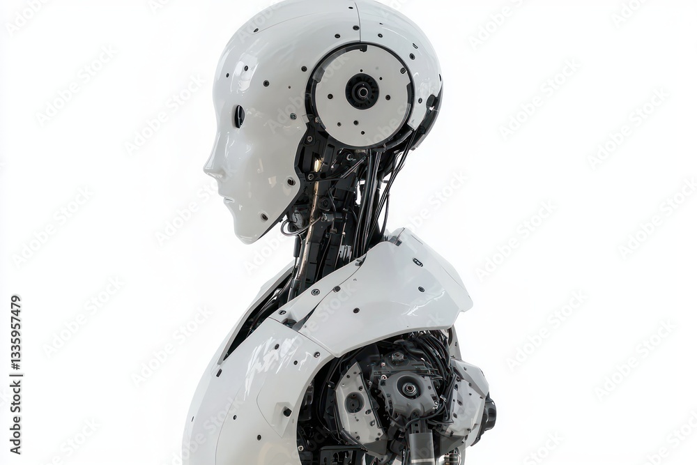 Aufkleber futuristic white female android robot detailed mechanical internals headshot clean studio background