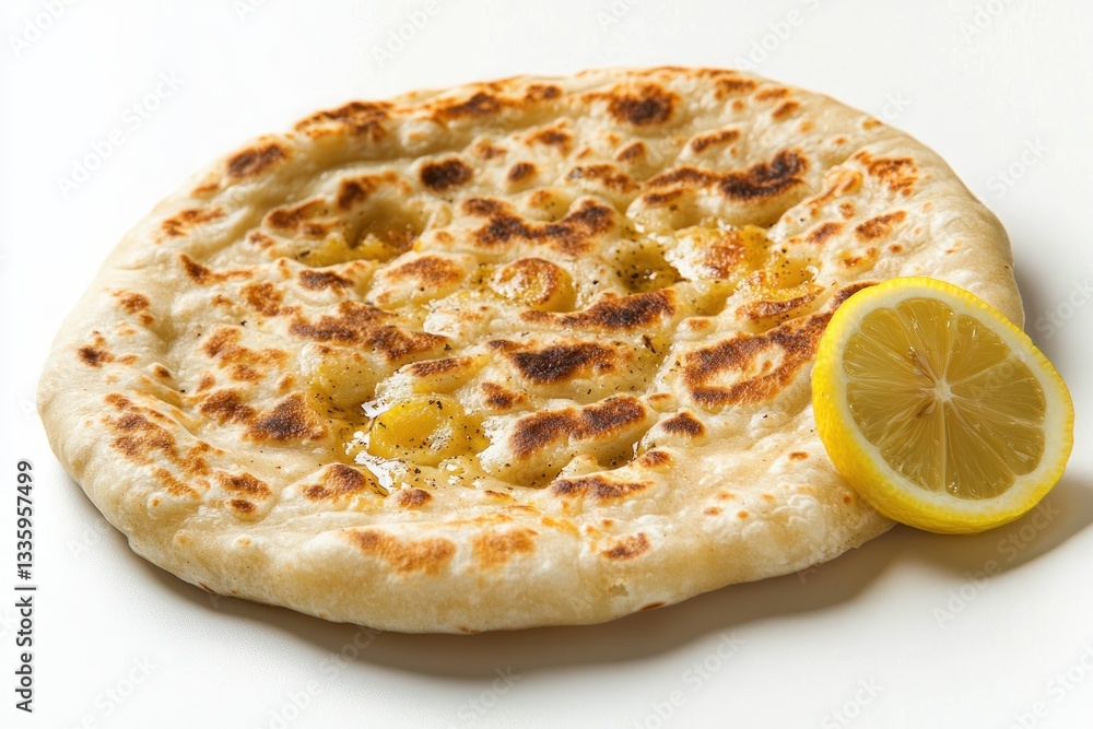 Poster appetizing round flatbread topped with ghee and black pepper served with lemon slice on white table