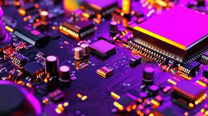 Fototapeta premium Futuristic circuit board technology detailed visual showcasing complex design and vibrant neon glowing light