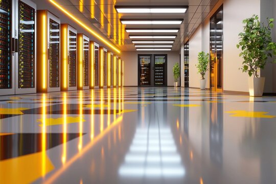 Long perspective in data center interior server room with glowing yellow lighting and potted plants
