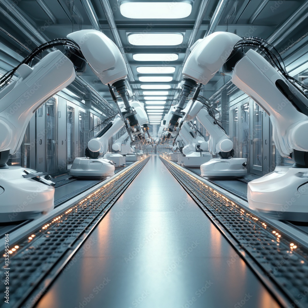 Poster streamlined efficiency robotic arms assembly line silver background innovative automation and factor