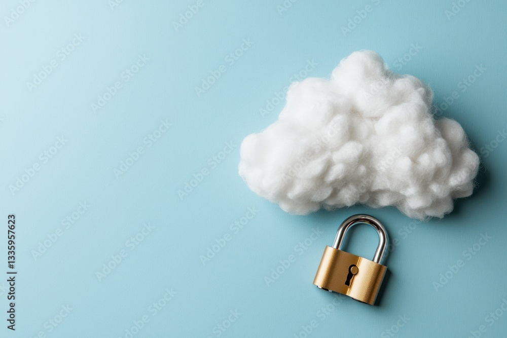Poster conceptual cloud computing and security with fluffy cloud and golden padlock on light blue