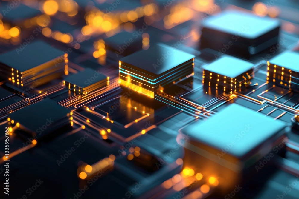 Poster artistic rendering of circuit board illuminated nodes for advanced technology and innovative systems