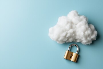 Conceptual cloud computing and security with fluffy cloud and golden padlock on light blue