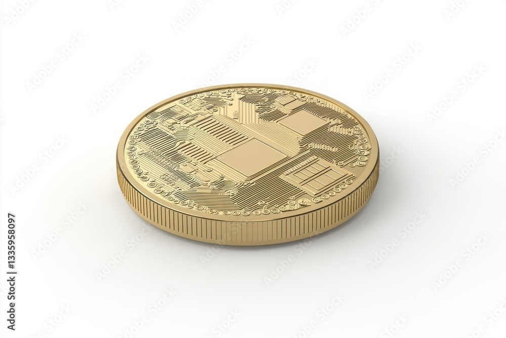 Poster digital currency golden coin with detailed microchip patterns and metallic texture on a white backgr