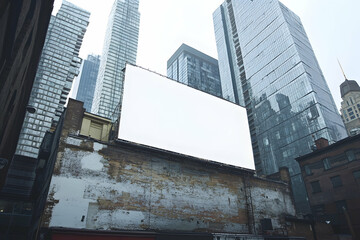 Obraz premium White blank billboard on an old Hong Kong building with modern skyscrapers in the background