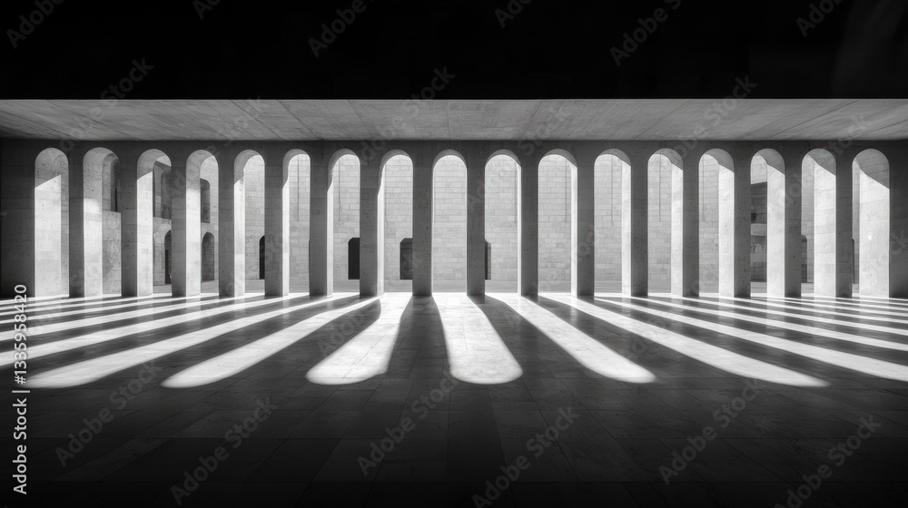 Poster a black and white photograph of a building with a series of arches and columns.