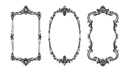 Set of ornate vintage frames in black and white with intricate baroque and rococo details. Victorian elegant mirror, rococo magic ornate decoration with copy space. Wedding gothic frame kit