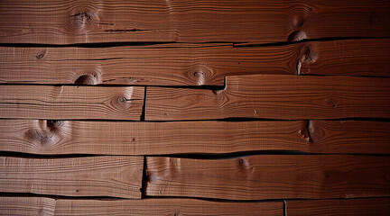 A close-up view of a wooden wall made of irregularly shaped planks arranged in a horizontal pattern