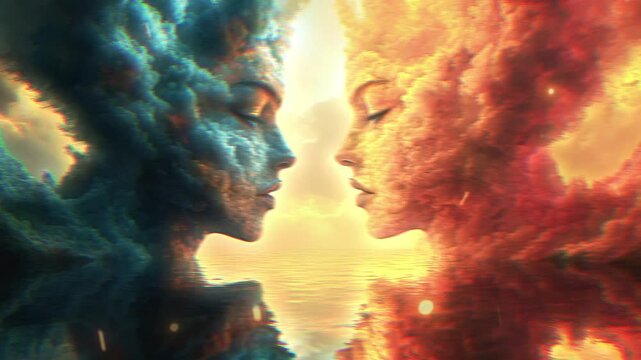 Mirrored worlds collide in a vibrant parallel universe filled with elemental beings at dusk