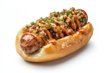 Gourmet sausage nestled in bun with flavorful toppings sauce and garnish on white sleek surface studio shot