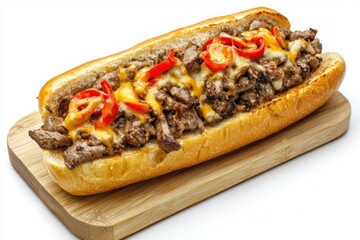 Delicious cheesesteak sandwich with melted cheese and red peppers on a wooden board tempting dish close up view