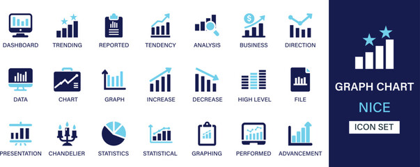 Graph and chart icon set collection. Dashboard, trending, tendency, analysis, business, direction, data, chart, high level and best solid icon set.