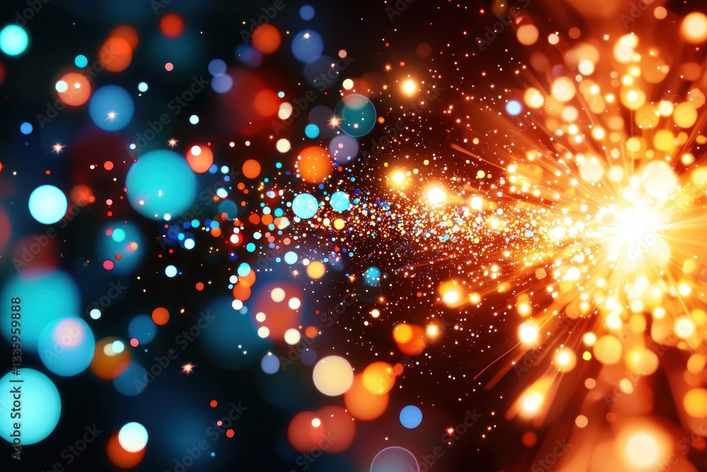 Poster captivating cosmic burst of shimmering light explosion with colorful bokeh effect on dark backdrop