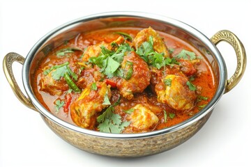 Fototapeta premium Delicious curry chicken garnished with fresh parsley ready to serve in traditional cookware