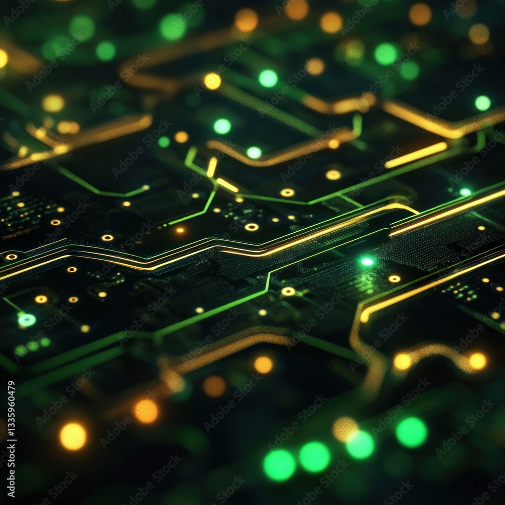 Poster circuit board with dynamic light trails illuminating technological progress and networking activity
