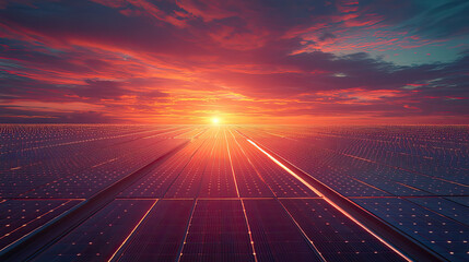 A vast solar farm with endless rows of solar panels harnessing sunlight and producing sustainable energy