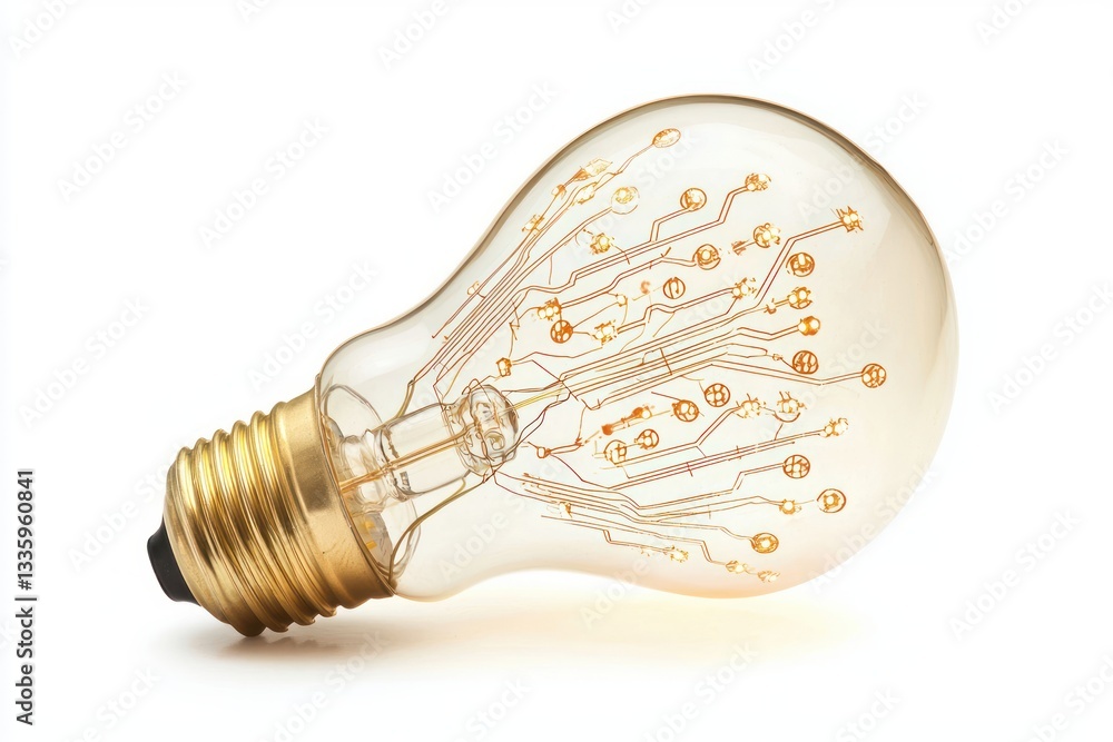 Poster idea innovation concept featuring a light bulb with electronic circuit board patterns on white backg