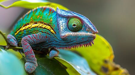Fototapeta premium Chameleon mid color shift vibrant hues blending into its surroundings macro wildlife photography