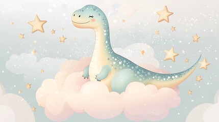 Fototapeta premium Charming kawaii style Brachiosaurus floating on a pastel cloud surrounded by tiny stars