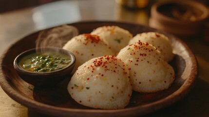 Exquisite Idli Breakfast with Fragrant Cilantro Chutney and Sambar on Rustic Wooden Plate for Authentic Cuisine Delight