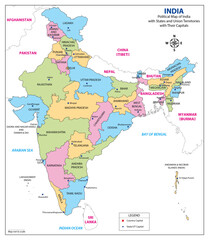 India Political Map with States, Union Territories, and Capitals &ndash; High-Quality Vector Illustration Coloured