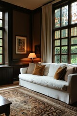 Luxurious, classic living room with a neutral color palette.  Large windows, a substantial sofa, and rich details create a warm, inviting atmosphere