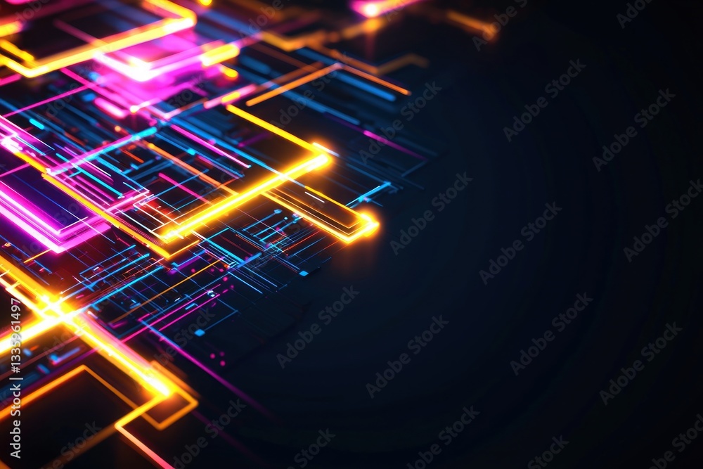 Poster futuristic network circuit board design with glowing neon lights and dark abstract background for di