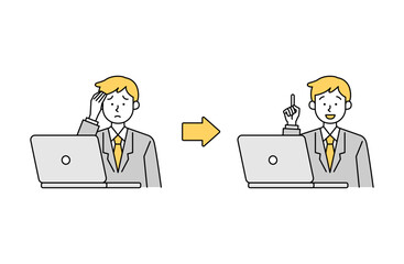 パソコンで疑問・悩みが解決する会社員男性のベクターイラスト シンプル サラリーマン ビジネスパーソン