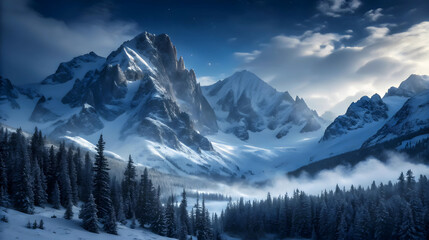 Obraz premium Majestic Snow-capped Mountains Rising Majestically Under A Twilight Sky, A Serene Winter Wonderland Bathed In Soft Blue Light And Ethereal Mist
