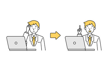 パソコン作業で疑問・悩みが解決する男性博士・医者・教授のベクターイラスト シンプル