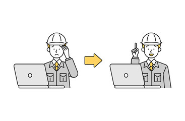 パソコン作業で疑問・悩みが解決する男性作業員のベクターイラスト シンプル