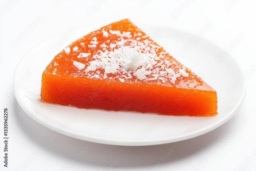 Poster close up of a slice of colorful quince paste dessert topped with grated coconut on a simple white pl