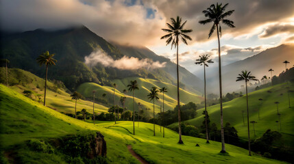 Serene Colombian Valley At Sunset, Showcasing Majestic Wax Palm Trees Gracefully Swaying In The Warm Golden Light Against Rolling Green Hills