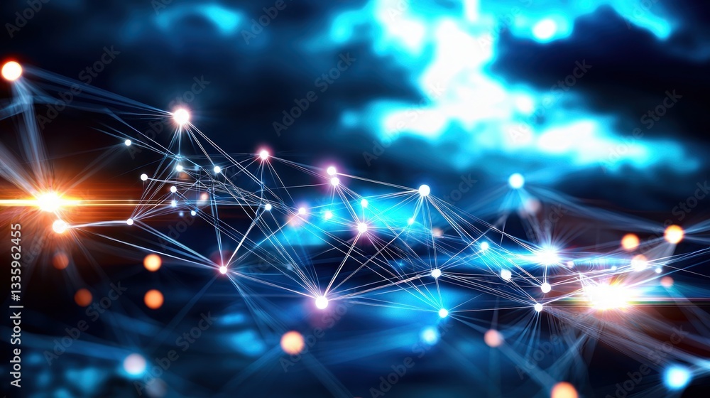Poster futuristic network plexus of glowing nodes against a digital cloudscape background, an artistic repr