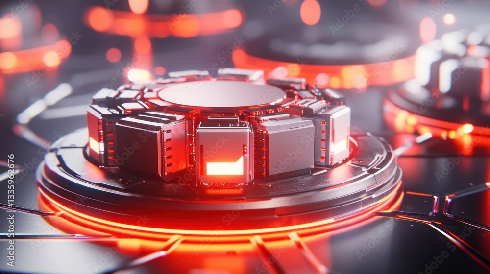 Poster advanced tech core structure with a futuristic glow industrial design cyberpunk style intense red co