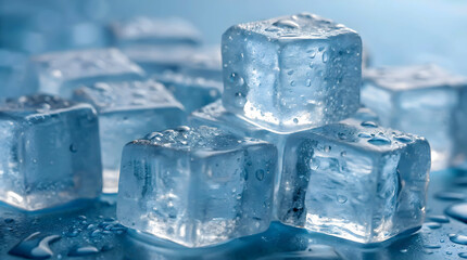 Obraz premium Sparkling Ice Cubes Glistening With Condensation, A Refreshing Summer Scene Evoking Coolness And Purity On A Cool Blue Surface